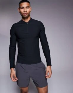 4505 Active Rib Slim Fit Long Sleeve Zip Up Training Top In Black For Men
