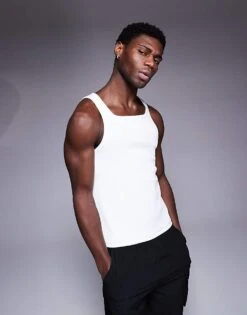 4505 Square Neck Slim Fit Active Rib Training Vest In White For Men -4505 Men Clothing's Shop 207500960 1 white 1