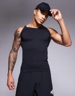 4505 Seamless Ribbed Square Neck Muscle Vest In Black For Men