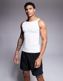 4505 Seamless Ribbed Square Neck Muscle Vest In White For Men